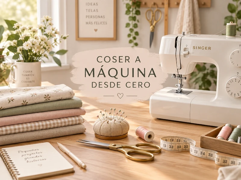 Máquina de coser en un espacio de costura con telas y accesorios junto al texto Coser a máquina desde cero.