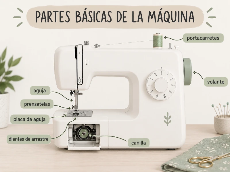 Partes básicas de una máquina de coser señaladas con etiquetas: aguja, prensatelas, placa de aguja, dientes de arrastre, canilla, volante y portacarretes.