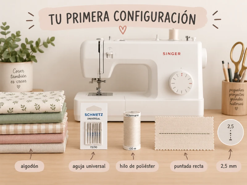 Configuración básica para empezar a coser a máquina con algodón, aguja universal, hilo de poliéster, puntada recta y largo de puntada de 2,5 mm.