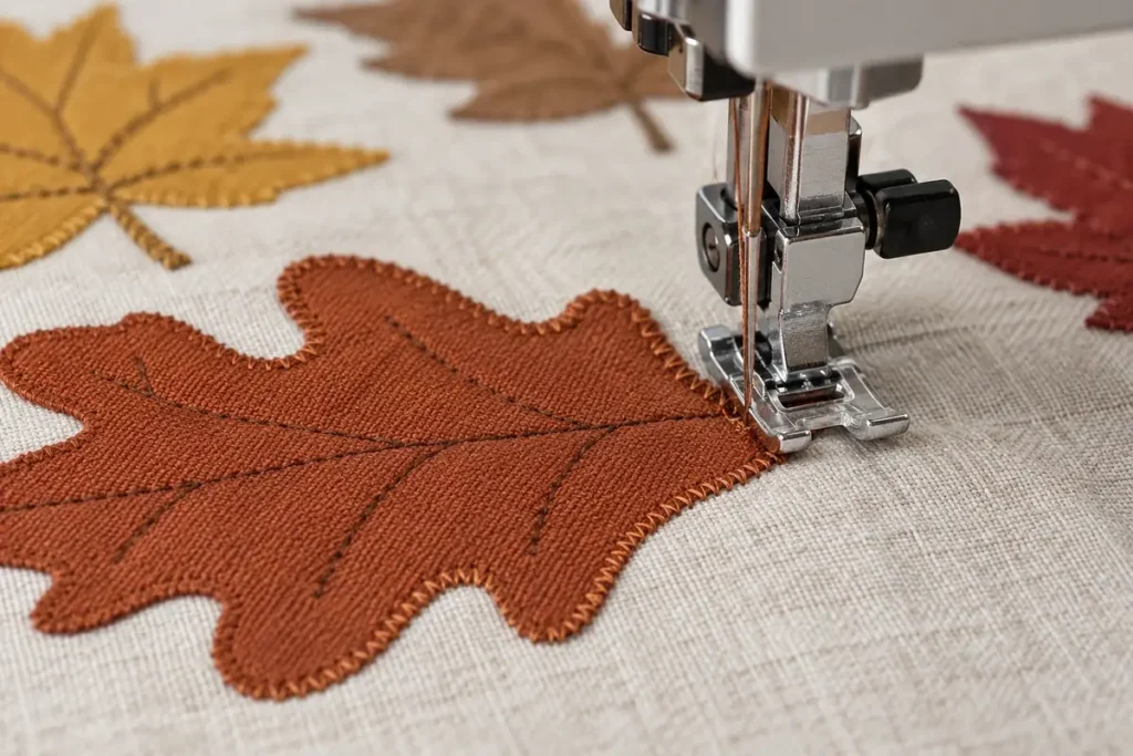 zig zag alrededor de aplique de tela con forma de hoja para coser en camino de mesa de tela