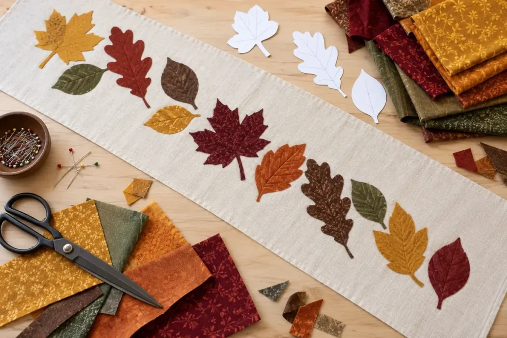retales de hojas de otoño para coser en un camino de mesa