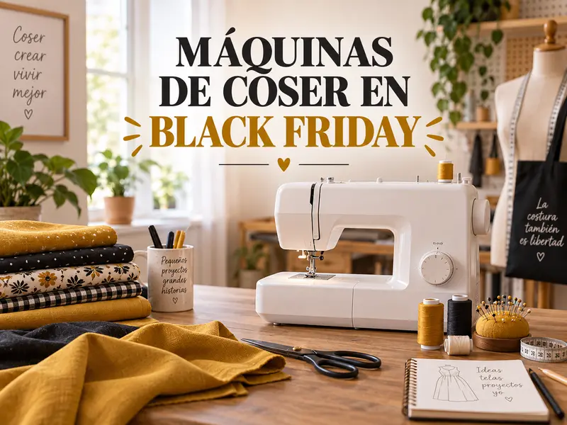Máquina de coser en Black Friday con telas y accesorios de costura