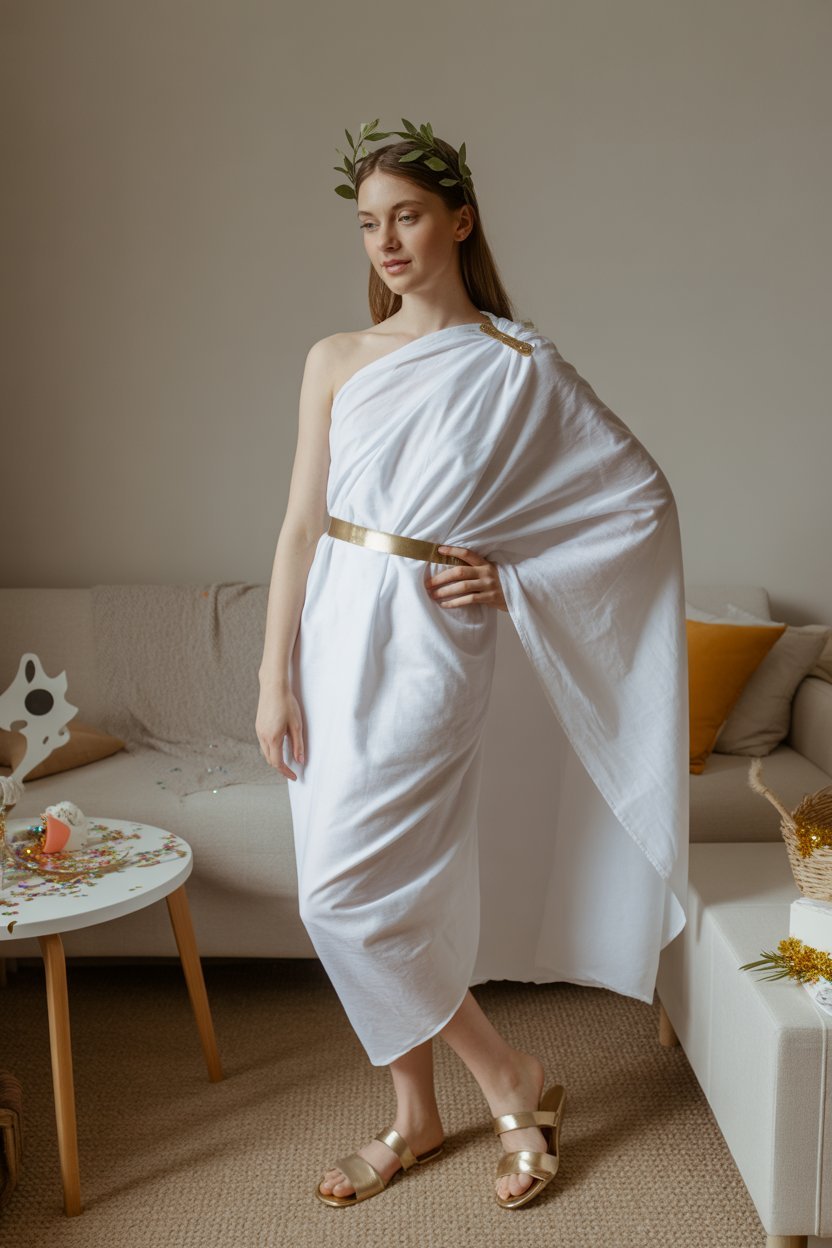 Disfraz DIY de diosa griega con sábana blanca