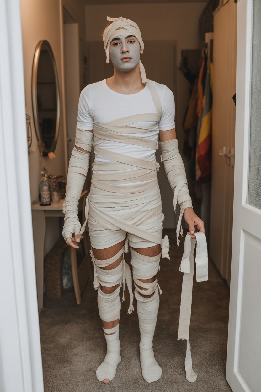 Disfraz DIY de momia con vendas y camiseta blanca