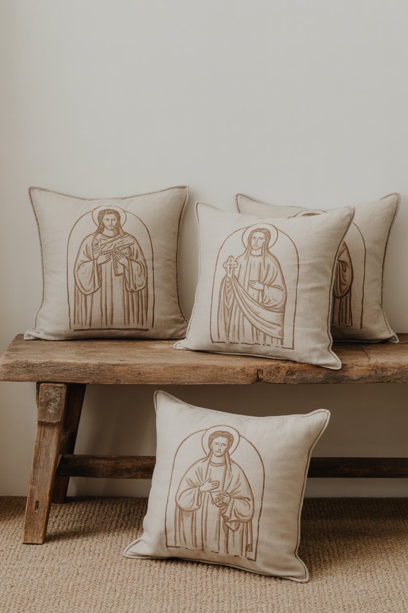 Cojines con motivos religiosos en lino