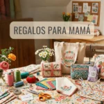 Mesa de costura con máquina de coser y regalos hechos a mano como bolsos y cojines para el Día de la Madre.