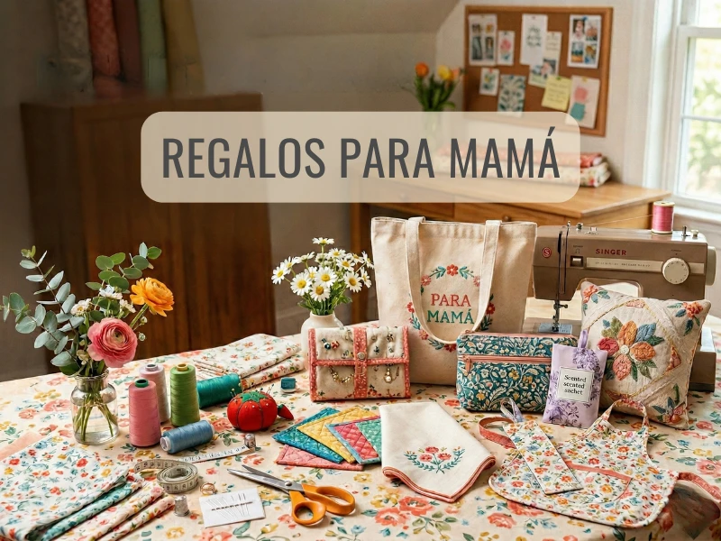 Mesa de costura con máquina de coser y regalos hechos a mano como bolsos y cojines para el Día de la Madre.