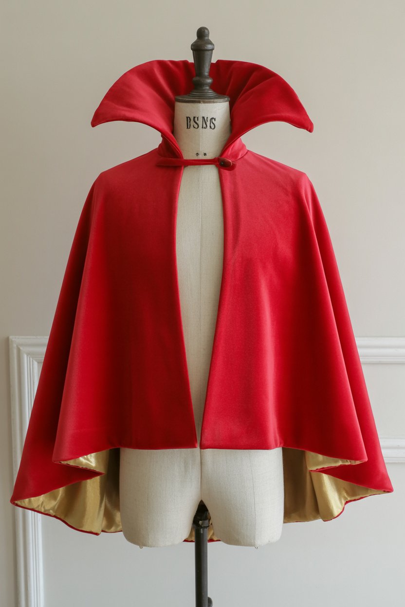 Capa corta roja con cuello levantado y forro dorado