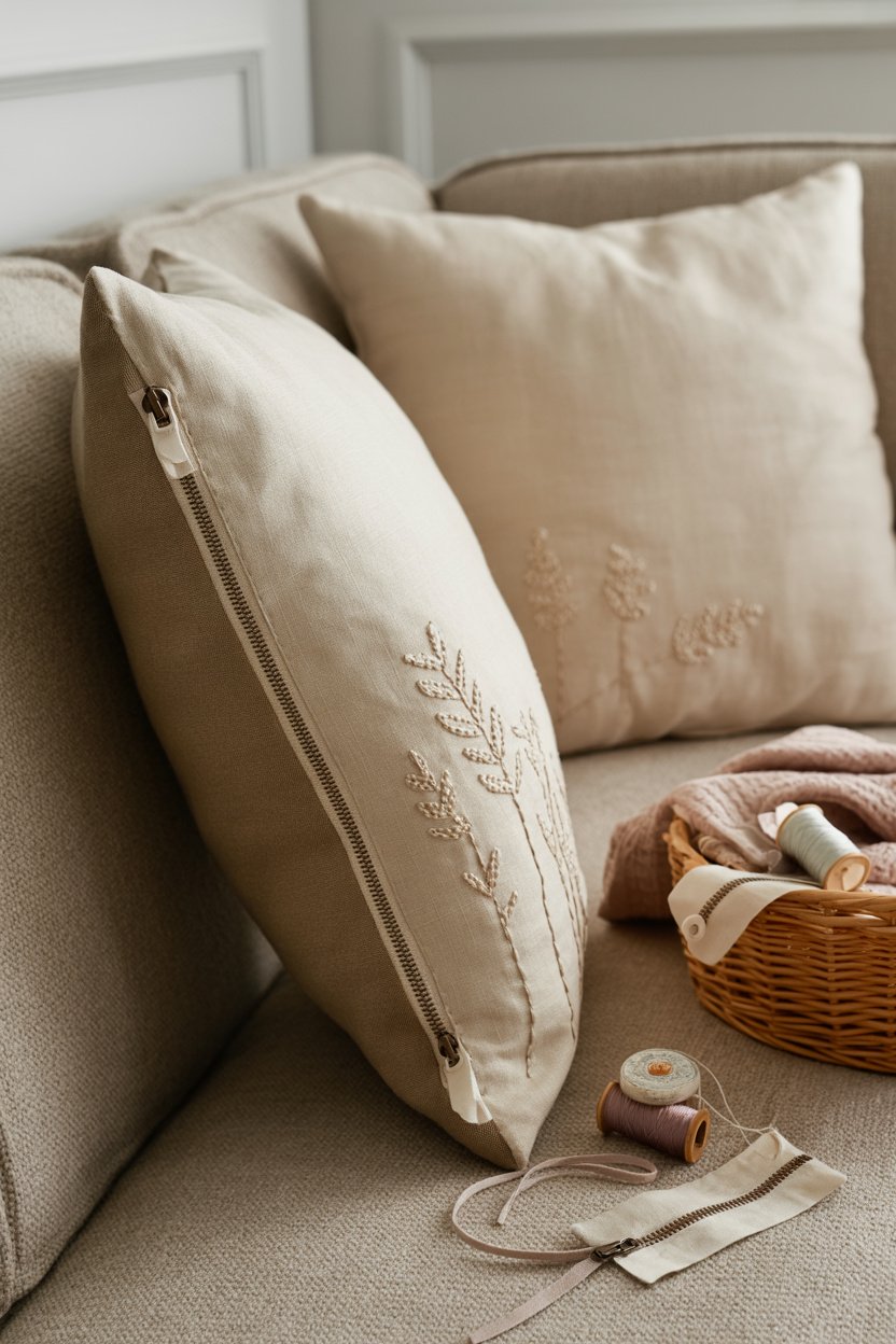 Cojín con cremallera y detalles bordados