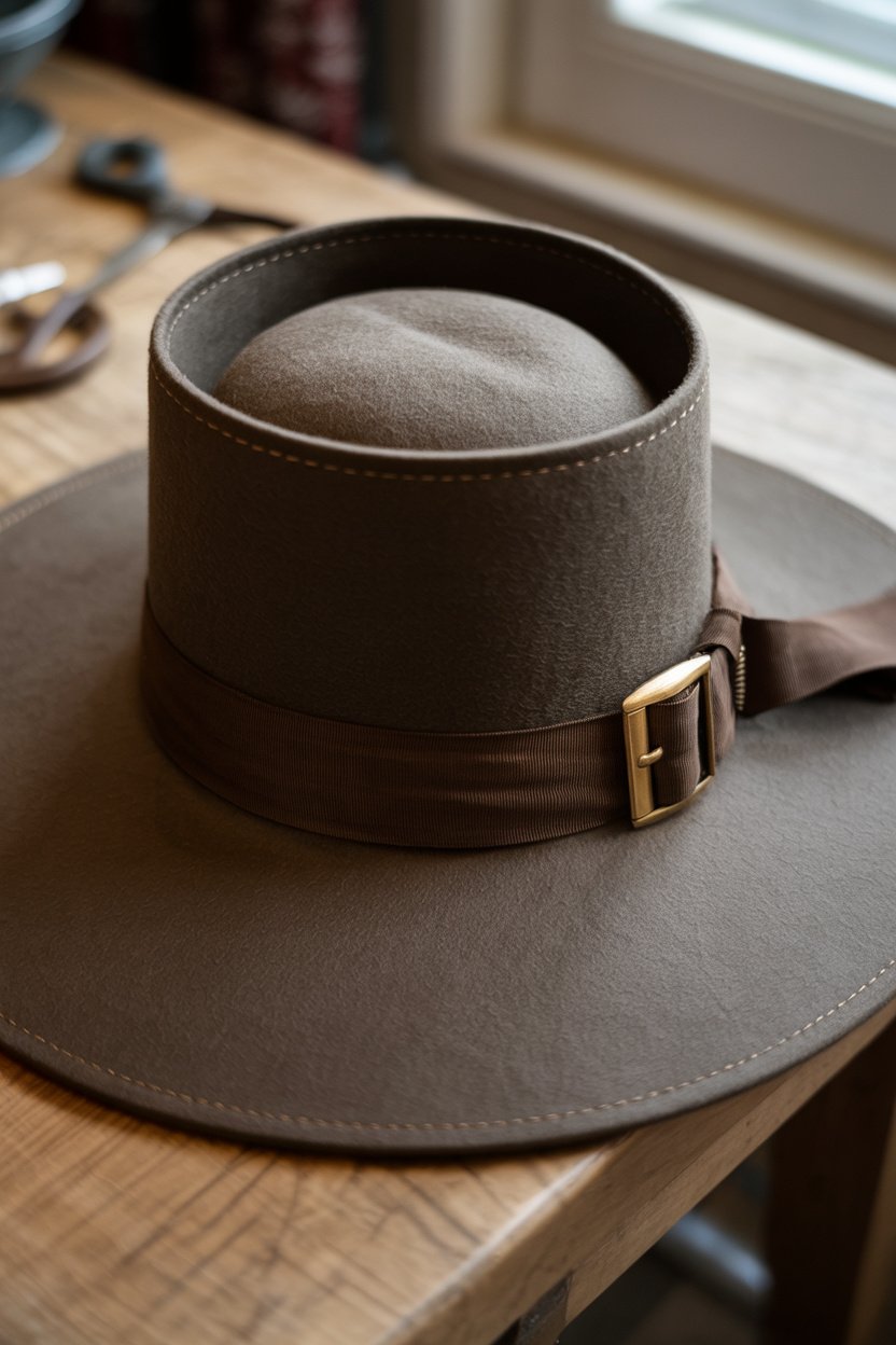 Sombrero de ala ancha con cinta y hebilla metálica