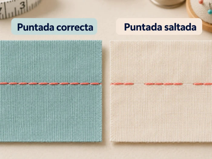 Comparación entre una puntada correcta y una puntada saltada con huecos en la costura