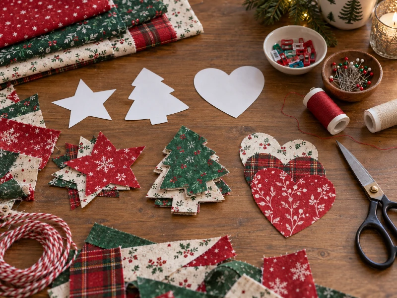 Plantillas de estrella, árbol y corazón junto a retales navideños cortados y materiales de costura para preparar una guirnalda de tela.