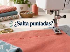 Máquina de coser formando una costura con puntadas saltadas y huecos en la línea de hilo