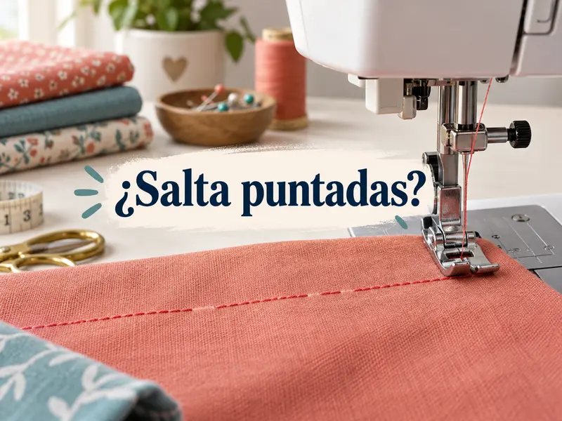 Máquina de coser formando una costura con puntadas saltadas y huecos en la línea de hilo
