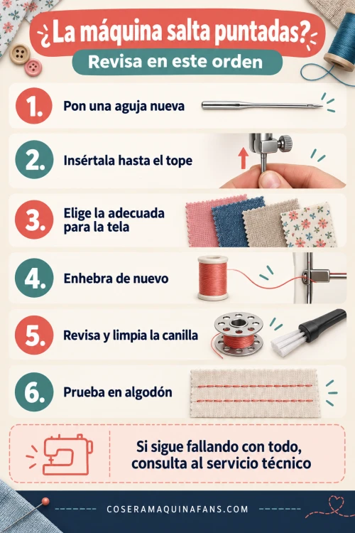 Infografía con el orden de comprobación cuando una máquina de coser salta puntadas: aguja, tejido, enhebrado, canilla y prueba en algodón.