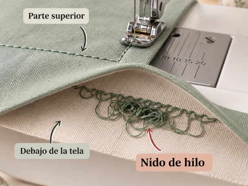 nido de hilo bajo la tela al coser