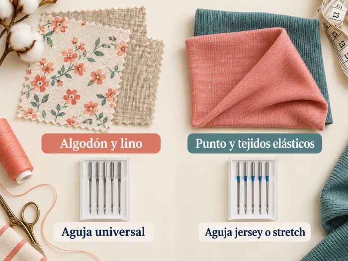 Comparación de aguja universal para algodón y lino y aguja jersey o stretch para tejidos elásticos