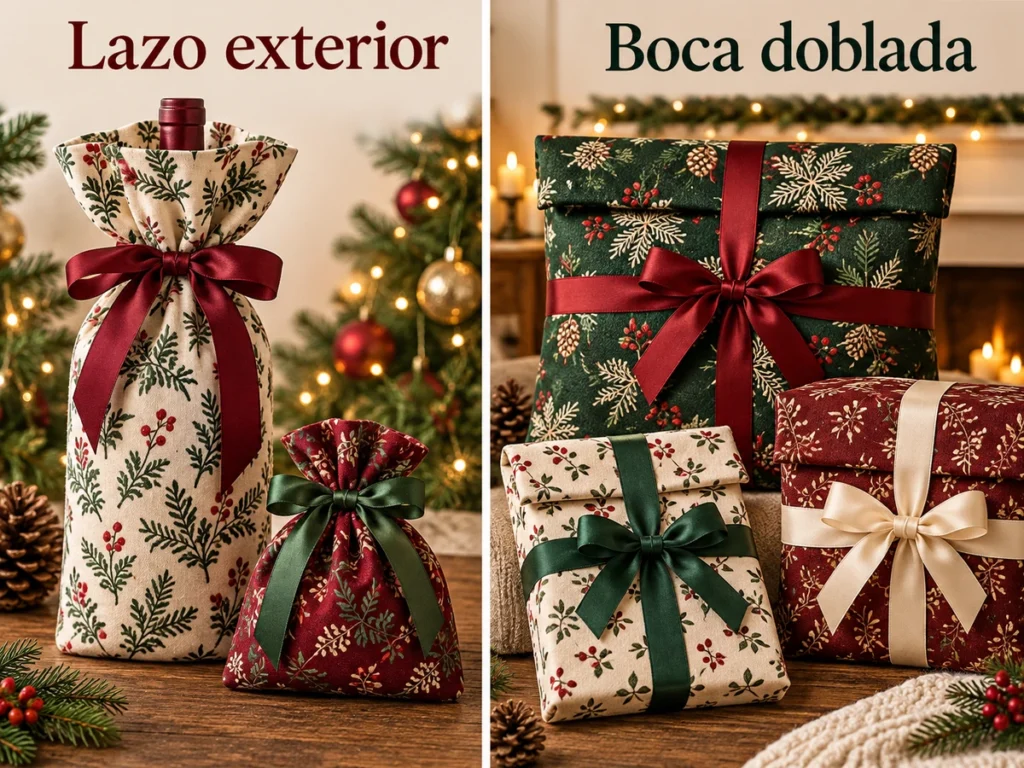 Bolsas navideñas de tela con dos tipos de cierre: lazo exterior en botella y bolsita pequeña, y boca doblada con cinta cruzada en los paquetes.